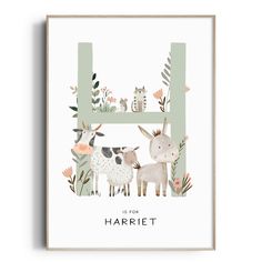 the letter h is for harriet with animals and flowers