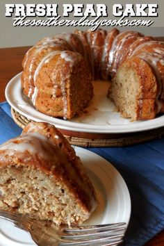 there is a bundt cake with icing on the plate and a fork next to it