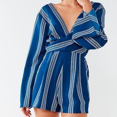 Flowy Sleeves, Short Romper Cute Stripes Partial Open Back Shows Off Your Figure, Cinched At Waist Perfect For Date Night Or Brunch! Excellent Condition, New With Tag - See Photos Blue Long Sleeve Jumpsuit For Vacation, Blue Long Sleeve Jumpsuits And Rompers For Vacation, Blue Long Sleeve Jumpsuits And Rompers For Beach, Lace Rompers Women, Terry Cloth Romper, Urban Outfitters Romper, Yellow Romper, Black And White Romper, Linen Romper