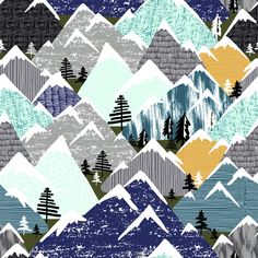 Navy Grey Teal and Mustard Sketch Mountains Print Fabric, By Ella Randall Fabric, Raspberry Creek Fabrics Sketch Mountains, Teal And Mustard, Mountain Quilts, Design Library, Mountain Print, Navy Grey, Mini Quilts, Club Design, Jersey Knit Fabric