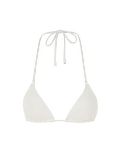 The Separates Mini Tri in Ivory from our Summer Swim 2024 Collection. A triangle bikini top constructed from form-fitting Italian lycra featuring fully adjustable neck and under bust ties finished with toggle ends. Fitted Triangle Swimwear With Padded Cups, White Triangle Top Swimwear With String Tie, White Adjustable Tie Back Swimwear, White String Tie Swimwear For Summer, White Adjustable Tie-back Swimwear, White Adjustable Triangle Halter Top, Fitted White Halter Top With Tie-side Bottom, White String Tie Swimwear For Pool, Fitted Triangle Top Swimwear With String Tie