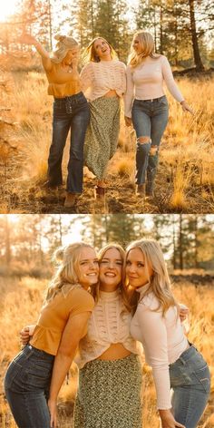 three women are posing together in the woods