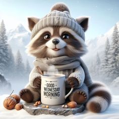 a raccoon wearing a hat and scarf holding a coffee mug in the snow