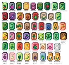 an image of pixel art that looks like pokemon characters in different colors and sizes, all with