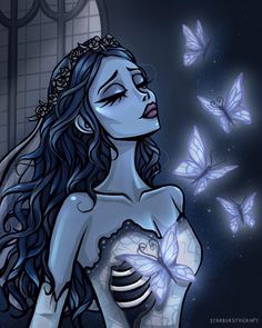 a woman with blue hair and butterfly wings in her hand is looking at the sky