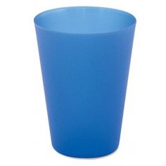 a blue plastic cup sitting on top of a white table