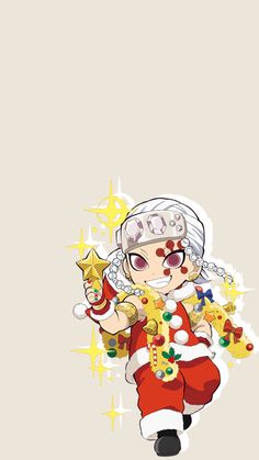 an anime character in red and white with stars on her head, holding a star