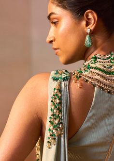 Sage green satin pre-draped sari paired with a jeweled high-neck embroidered blouse, creating a stunning and elegant ensemble. Jewel Neck Blouse, Green Drapes, Pista Green, Dress Indian, Sari Blouse, Embroidery On Clothes, Dress Indian Style, Indian Style, Jewel Neck