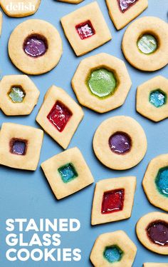 stained glass cookies on a blue background with the words stained glass cookies written below them