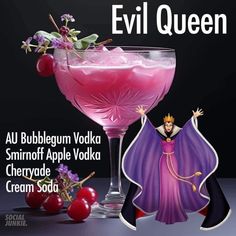 an advertisement for evil queen with a pink drink and cherries