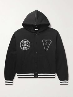 Shop VALENTINO GARAVANI Logo-Appliquéd Cotton-Jersey Hooded Varsity Jacket, Explore the latest in-season VALENTINO GARAVANI collection today on MR PORTER Valentino Jacket, Jacket For Men, Mr Porter, Valentino Garavani, Black Cotton, Fashion News, Varsity Jacket, Porter, Fitness Models