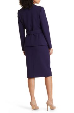 This tailored jacket is designed with a matching belt and a pared-back ruffle, while a simple straight-cut skirt completes the polished look. 25" to 29" jacket length; 24 1/2" center front skirt length (size 8) Jacket has notched lapels; long sleeves Lined 96% polyester, 4% elastane Dry clean Imported Removable belt 2 piece set Belted Jacket, Long Sleeves Coats, Midnight Navy, Tailored Jacket, Fabric Gifts, Free Fabric, 2 Piece Set, Polished Look, Straight Cut