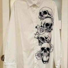 New Slim Fit Men's Graphic Skull Shirt Button Down, Collared. Polyester New, Never Worn White Long Sleeve Top With Skull Print, Casual White Shirt With Skull Print, Long Sleeve Skull Print Halloween Shirt, Halloween Skull Print Long Sleeve Shirt, Halloween White Shirt With Skull Print, Alt Clothes, Skull Shirt, Skull Shirts, Shirt Button