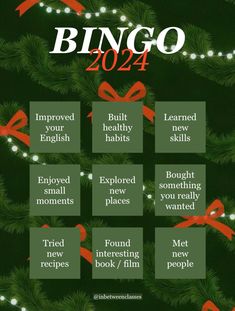 a christmas poster with the words bingo and other things to say in english on it