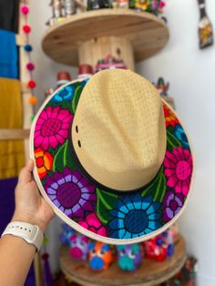 Mexican Embroidered hat Made by Artisan in Chiapas Mexico! Medium Size Multicolor Embroidered Brimmed Hat, Traditional Embroidered Spring Hats, Traditional Embroidered Hats For Spring, Multicolor Embroidered Hats For Spring, Beach Hats With Floral Embroidery And Wide Brim, Wide Brim Beach Hat With Floral Embroidery, Wide Brim Floral Embroidered Beach Hat, Traditional Woven Hats For Spring, Handmade Adjustable Hat With Multicolor Embroidery