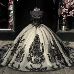 Quinceanera Dresses Black With Handmade Applique Lace Gillter Beaded Sequins.  "This pin contains affiliate links, which means I may earn a commission at no cost to you extra for you". 
 #affiliate #advertising" Black And White Quince Dress, Black And White Quinceanera Dresses, Quince Outfits, Black Quinceanera, Quinceanera Dresses Black, Nightmare Before Christmas Wedding, Mexican Quinceanera Dresses, Quinceanera Themes Dresses, White Quinceanera Dresses