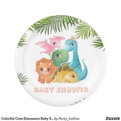 a paper plate with an image of baby dinosaurs on it and the words, baby shower