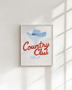 a white wall with a blue and red sign that says country club