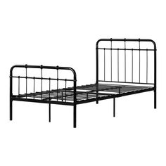 a black metal bed frame with no headboard and foot board is shown in front of a white background