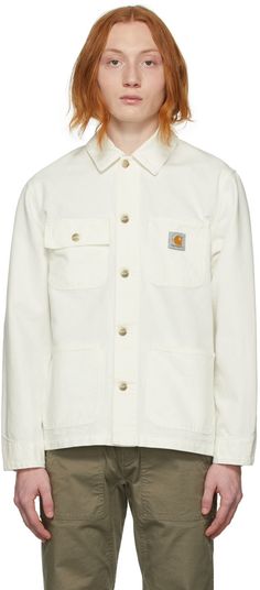 Long sleeve organic cotton canvas jacket in off-white. · Cotton corduroy trim at spread collar · Button closure · Flap pocket and patch pocket with logo patch at chest · Patch pockets at waist · Adjustable single-button barrel cuffs · Unlined Supplier color: Wax