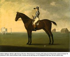 a painting of a man riding on the back of a brown horse in a field