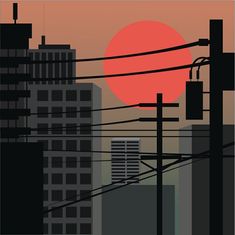 the sun is setting over an urban area with power lines and telephone poles in silhouette