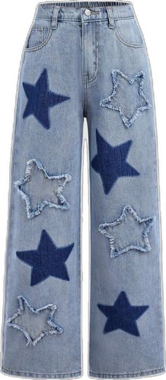 Tween Girl Star Embroidered Denim Jeans For Outdoor And Streetwear