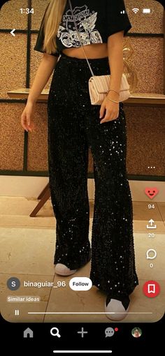 Black Sparkle Flare Pants, Sparkle Pants Outfit Casual, Black Sparkly Pants, Sequin Flares Outfit, Sparkly Flare Pants Outfit, Black Sequins Pants Outfit, Sequin Black Pants Outfit, Black Sequin Pants Outfit Casual