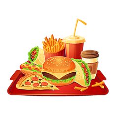 fast food on a tray with fries, hotdogs and soda in paper cups