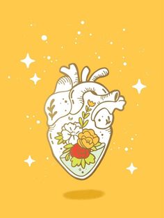 an illustration of a heart with flowers and hearts on it's side, against a yellow background