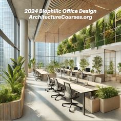 an office building with plants on the walls and desks in front of windows that look like they are surrounded by greenery