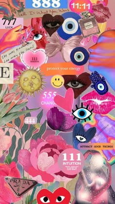 a collage of different images with hearts, flowers and other things on it's side