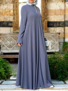 Mother of Pearl Flared Abaya - Abayas - Women Elegant Long Maxi Dress With Modesty Panel, Elegant Solid Color Abaya With Modesty Panel, Elegant Eid Thobe With Modesty Panel, Elegant Thobe With Modesty Panel For Eid, Modest Formal Maxi Dress For Eid, Elegant Long Sleeve Thobe With Modesty Panel, Elegant Abaya With Modesty Panel, Elegant Solid Color Maxi Length Kaftan, Solid Maxi Dress With Modesty Panel