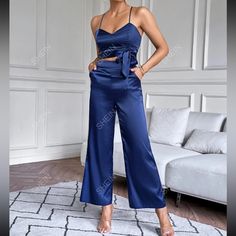 Brand New Never Worn Royal Blue Two Piece Pants Set With Pockets And Zip Closure, Top Is Adjustable With Wrap Around Bottom. Please Ask Any Questions Satin Pants Set, Satin Outfit, Blue Two Piece, Shein Pants, Two Piece Pants Set, Satin Pants, Wrap Around, Pants Set, Pant Jumpsuit