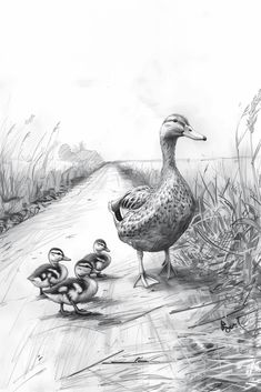 a drawing of ducks and their babies on the side of a road in front of tall grass