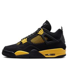 The Air Jordan 4 'Thunder' is a captivating blend of style and heritage. These iconic sneakers pay homage to basketball legend Michael Jordan. The colorway features a striking combination of black and tour yellow, creating a bold visual impact. Crafted with meticulous attention to detail, the Air Jordan 4 boasts a suede upper that exudes sophistication. The gum rubber outsole ensures optimal traction, whether you’re on or off the court. With its rich history and timeless design, the Air Jordan 4 Jordan Fours, Air Jordan 4 Thunder, Jordan 4 Retro Thunder, Jordan 4 Thunder, 4s Jordans, Iconic Sneakers, Jordan 4’s, Custom Sneakers Diy, Nike Air Jordan 4 Retro