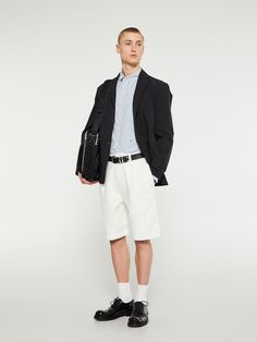 white pleated shorts with double front pleats and knee-length legs. Made from heavy 2x1 twill fabric. Light Blazer, Norse Projects, Navy Fashion, Pleated Shorts, Travel Light, Derby Shoes, Performance Fabric, Twill Fabric, Black 7