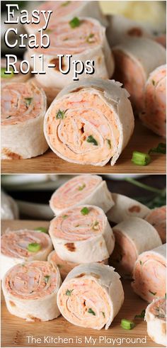 Easy Crab Roll-Ups The Kitchen Is My Playground, Crab Appetizer, Crab Rolls, Crab Dishes, Delicious Dips Recipes, Pinwheel Recipes, Crab Recipes, Roll Ups