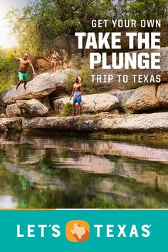 people jumping off rocks into the water with text that reads get your own take the plunge trip