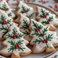 decorated christmas cookies on a plate with holly decorations