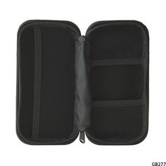 an open black case with zippers on the front and inside is shown in full view