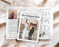 the newly wed couple is photographed on their wedding day in front of an old newspaper