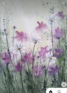 a painting of white and purple flowers on a gray background