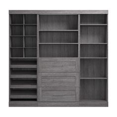 an open bookcase with drawers and shelves in grey wood, on a white background