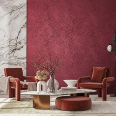 a living room filled with furniture and a large red wall behind the couch is a marble coffee table