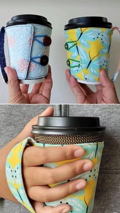 two coffee cups are being held up by their hands