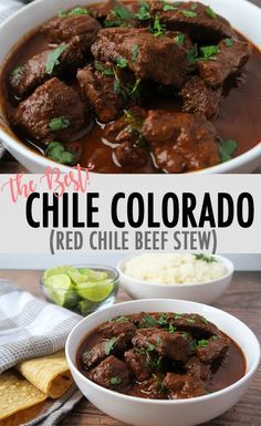 the recipe for chili beef stew is shown in two bowls and on top of a wooden table