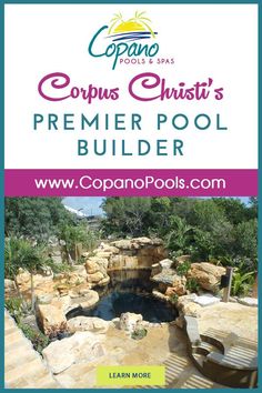 the logo for copino pools and spas, which is located on top of a hill