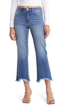 Keep it casual and cool in these faded high-waist jeans styled with light distressing and fringed, flared hems. 26" inseam; 18" leg opening; 10" front rise; 16" back rise Zip fly with button closure Five-pocket style 46% lyocell, 26% cotton, 15% rayon, 12% polyester, 1% spandex Machine wash, tumble dry Imported Women's Clothing Trendy Fall Flare Jeans With Frayed Hem, Medium Wash Straight Leg Cropped Jeans With Frayed Hem, Spring Medium Wash Cropped Leg Flare Jeans, Spring Medium Wash Cropped Flare Jeans, Spring Cropped Leg Medium Wash Flare Jeans, Dark Wash Denim Flare Jeans With Frayed Hem, Denim Blue Cropped Jeans With Frayed Hem For Fall, Fall Cropped Denim Blue Jeans With Frayed Hem, Fall Distressed Cropped Leg Flare Jeans