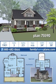 two story house plan with 3 bedroom and 2 bathrooms in the front, an open floor plan